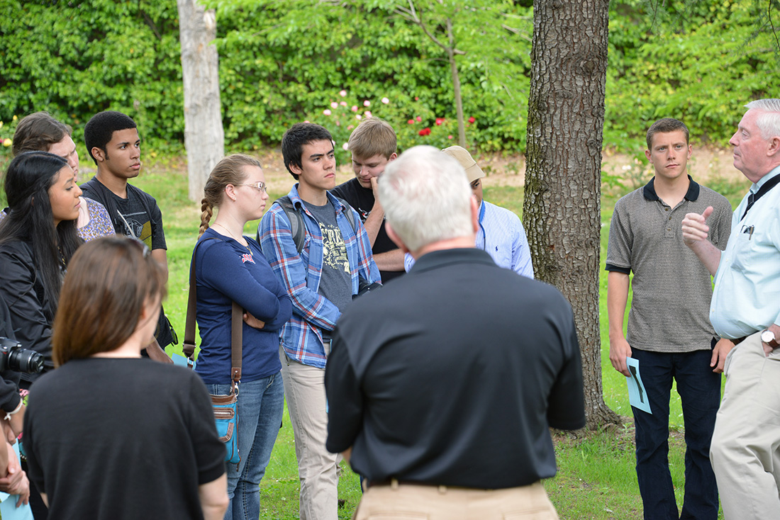 Fr. Robert Walsh, SJ speaks to students about St. Ignatius on the Campus Ministry Ignatian Pilgrimage in Spain, May 2014.