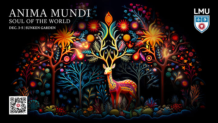 A vibrantly colored buck stepping out of a forest made of a rainbow of bright colors with the words Anima Mundi, Soul of the World, December 3-5, Sunken Garden