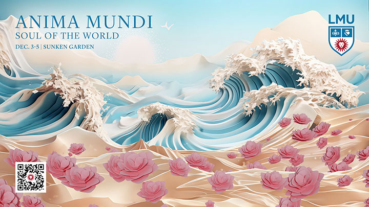 Raging ocean waves in the background with pink flowers floating in the foreground and the words Anima Mundi, Soul of the World, December 3-5, Sunken Garden
