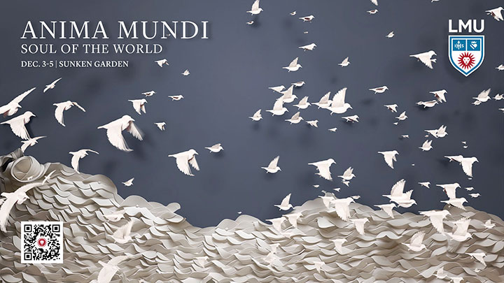 Piles of pieces of paper with many pieces having turned into birds that have started to fly about with the words Anima Mundi, Soul of the World, December 3-5, Sunken Garden