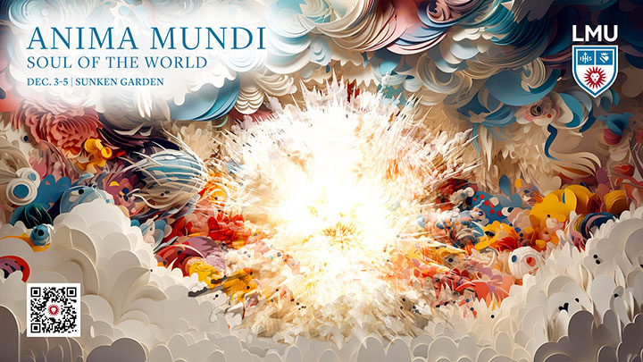 Lots of abstract designs and shapes above a sea of clouds with a bright light emmenating from the center with the words Anima Mundi, Soul of the World, December 3-5, Sunken Garden