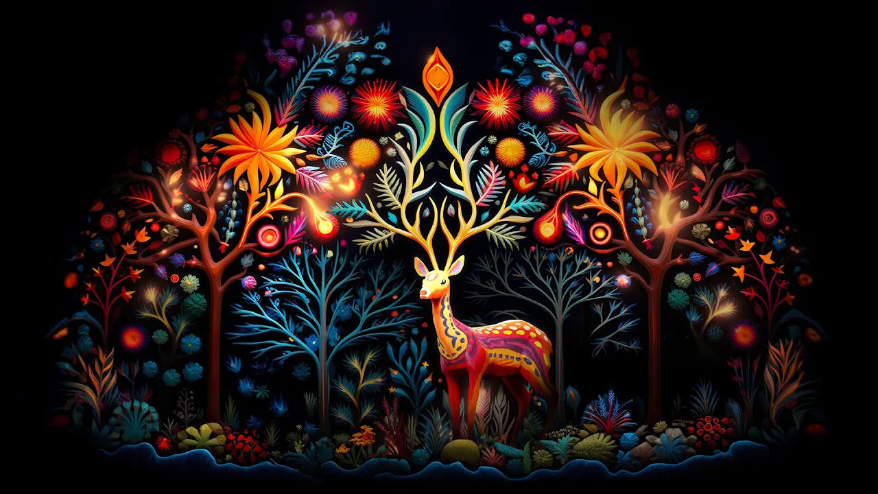 Illustration of an illuminated deer walking out from a stylized forest