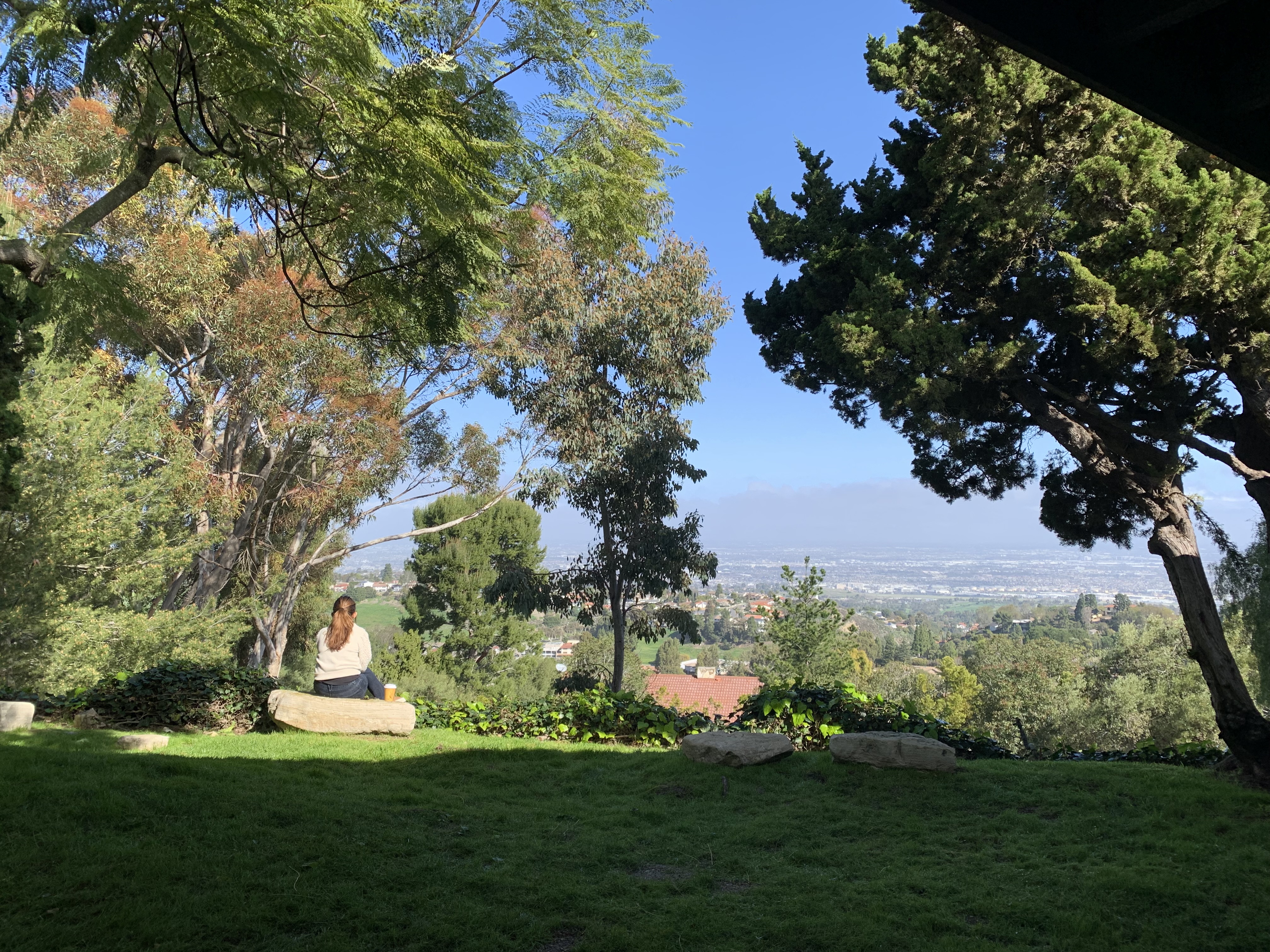 A woman sits looking out at a view of Los Angeles from a hilltop